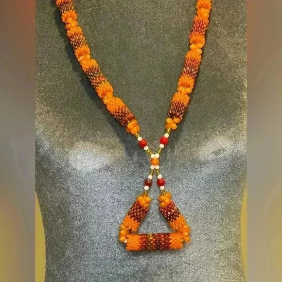Set- Vintage Beaded Orange and Brown Necklace and Pierced Earring Set - Picture 1 of 5